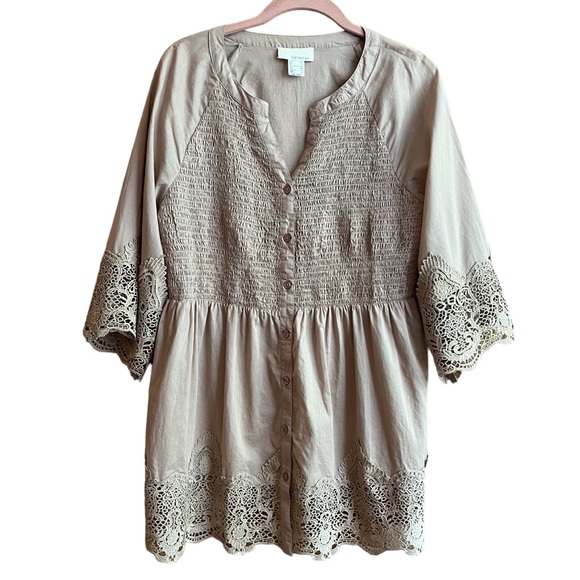 Alyssa W Collection Cotton Boho Button Up Smocked Tunic Lace Details Tan - Picture 1 of 12